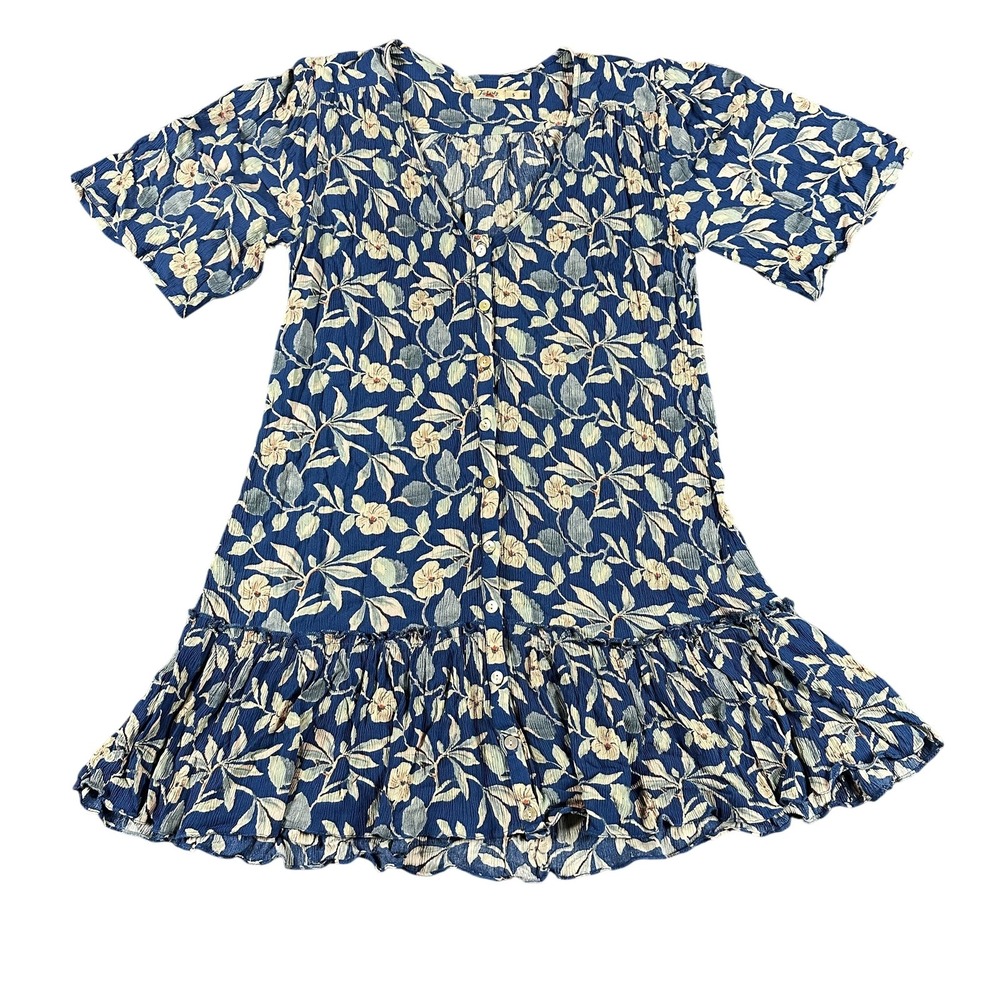 Faherty Dress Womens Small Blue Floral Button Down Short Sleeve Ruffle Hem Boho